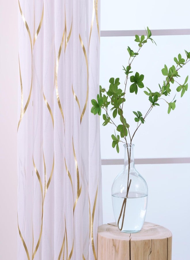 L.Z.E White and Gold Christmas Sheer Curtains 84 Inches Long 2 Panels Set, Gold Foil Printed Sheer Curtains for Living Room Dining Room, Light Filtering Grommet Window Drapes with Wave Patterns - Image 4